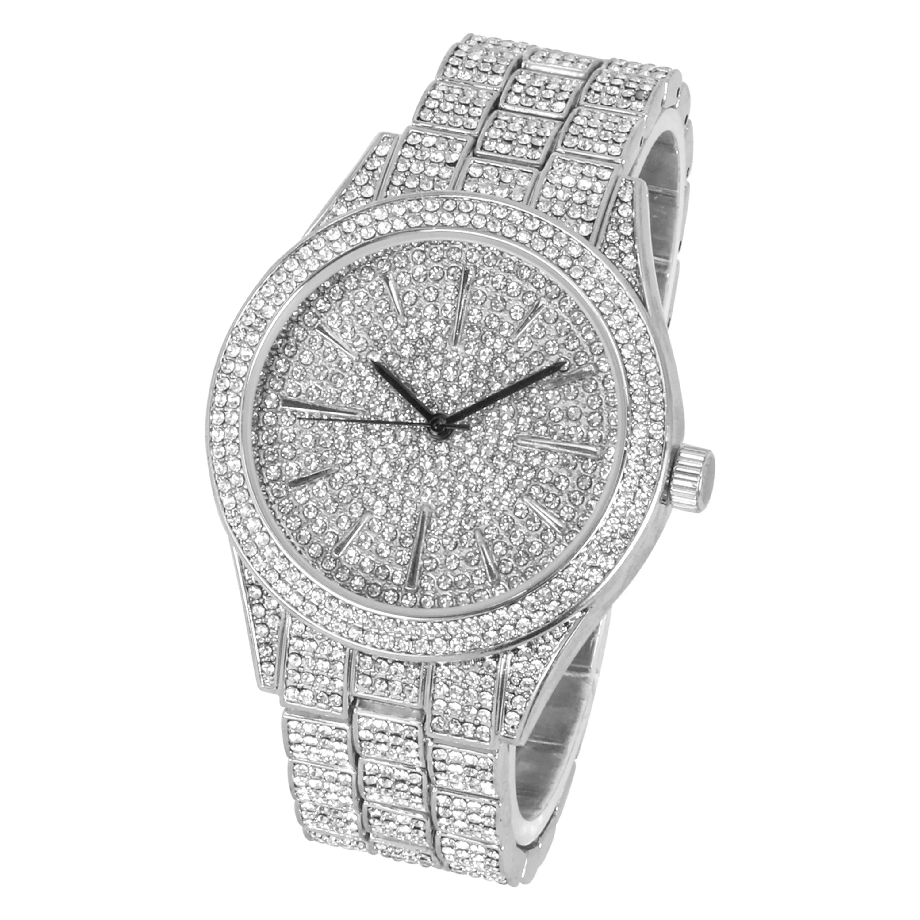 Mens Iced Out 42mm Diamond Watch with Simulated Diamonds and Bling Dial - Bling-ed Out Fully Adjustable Metal Band - Quartz Movement - Silver Tone Finish