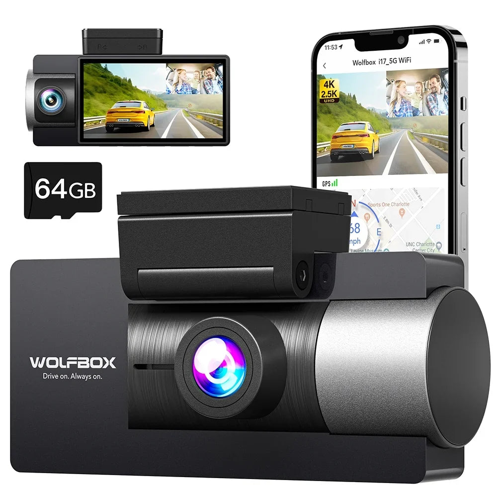 WOLFBOX Dash Cam Front and Rear, 4K+2.5K Dual Dash Camera Built-in 5G WiFi GPS, Dash Cam with Super IR Night Vision, 4K UHD 3" LCD Car Camera with 64GB Card, Vehicle