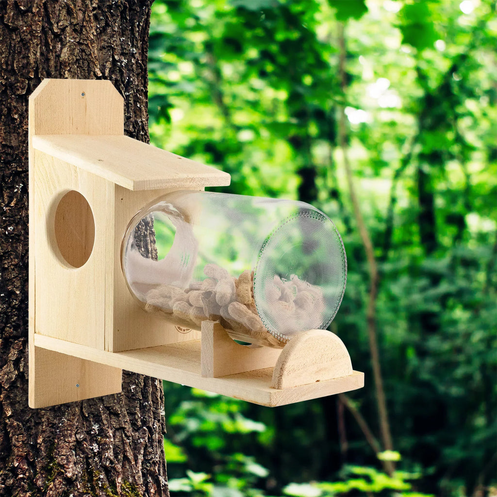 Uncle Dunkels Backyard Squirrel Feeder (w/ Gallon Glass Jar); Rustic Handmade Squirrel Food Box