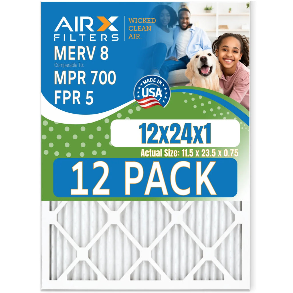12x24x1 Air Filter MERV 8 Rating, 12 Pack of Furnace Filters Comparable to MPR 700 & FPR 5 - Made in USA by AIRX FILTERS WICKED CLEAN AIR.