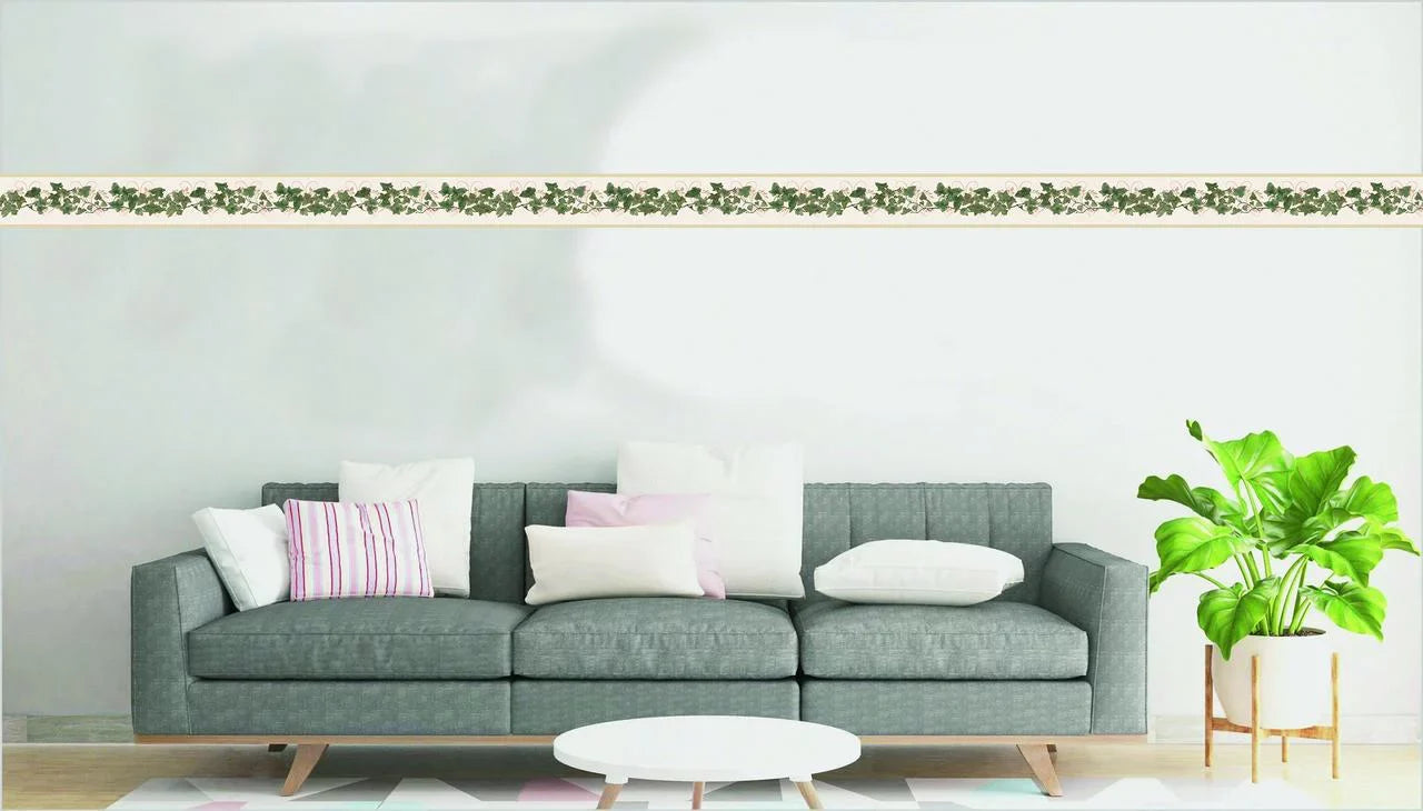 Dundee Deco's Peel and Stick Wallpaper Border - Abstract Green Beige Leaves on a Vine Wall Border Retro Design, 15 ft x 7 in, Self Adhesive