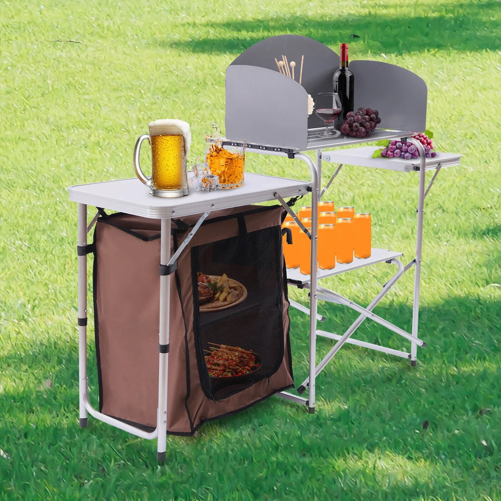 DENEST Folding Camping Kitchen Station Portable Barbecue Table Rack Brown Fabric Cover