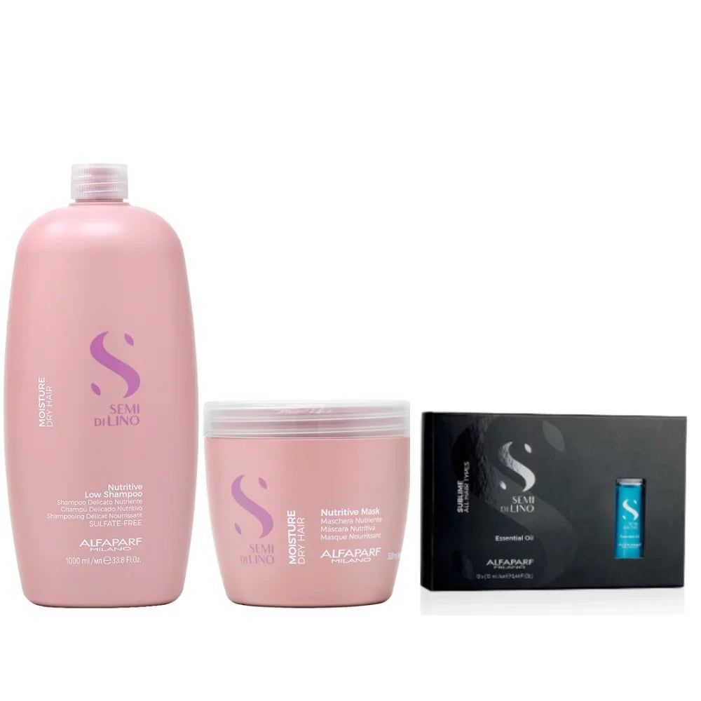 Alfaparf Moisture Nutritive Low Shampoo 33.8oz + Mask 16.9oz + Sublime Essential Oil 12x13ml w Processing Caps