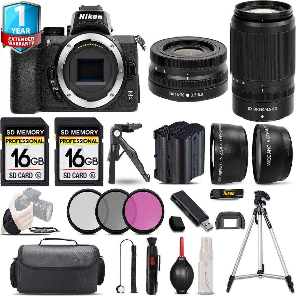 Nikon Z50 Mirrorless Camera with 50-250mm f/4.5-6.3 VR Lens + 16-50mm Lens + 3 PC Filter Set + 32GB- Kit