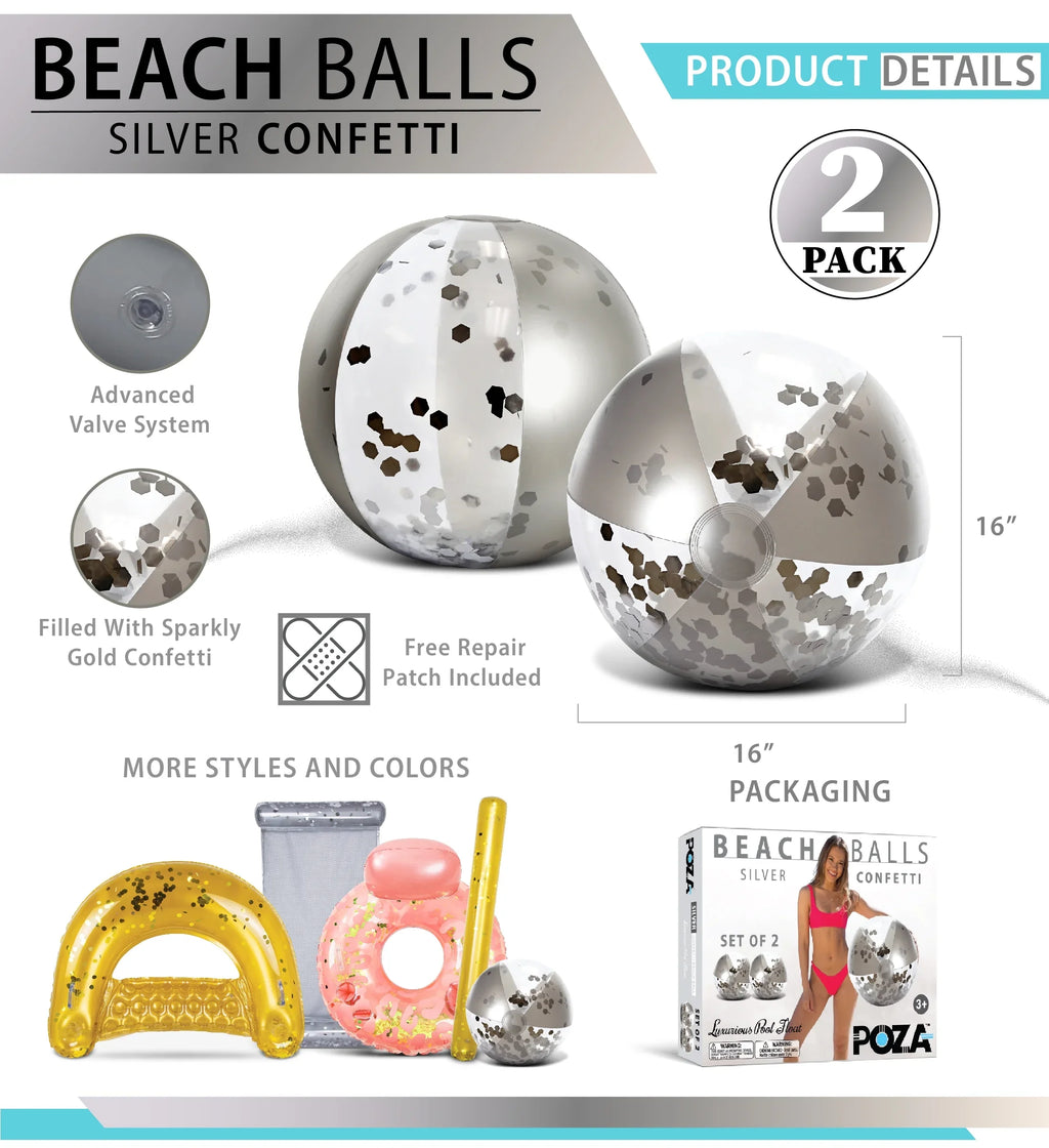 Mozlly Bundle of Silver & Gold Inflatable Beach Balls Set of 4 - Premium Heavy Duty Confetti Pool Balls, Size 16 Inch, Fun Water Pool Float Toys for Beach, Lake, Party, Vacation, Decor - 4 Pack