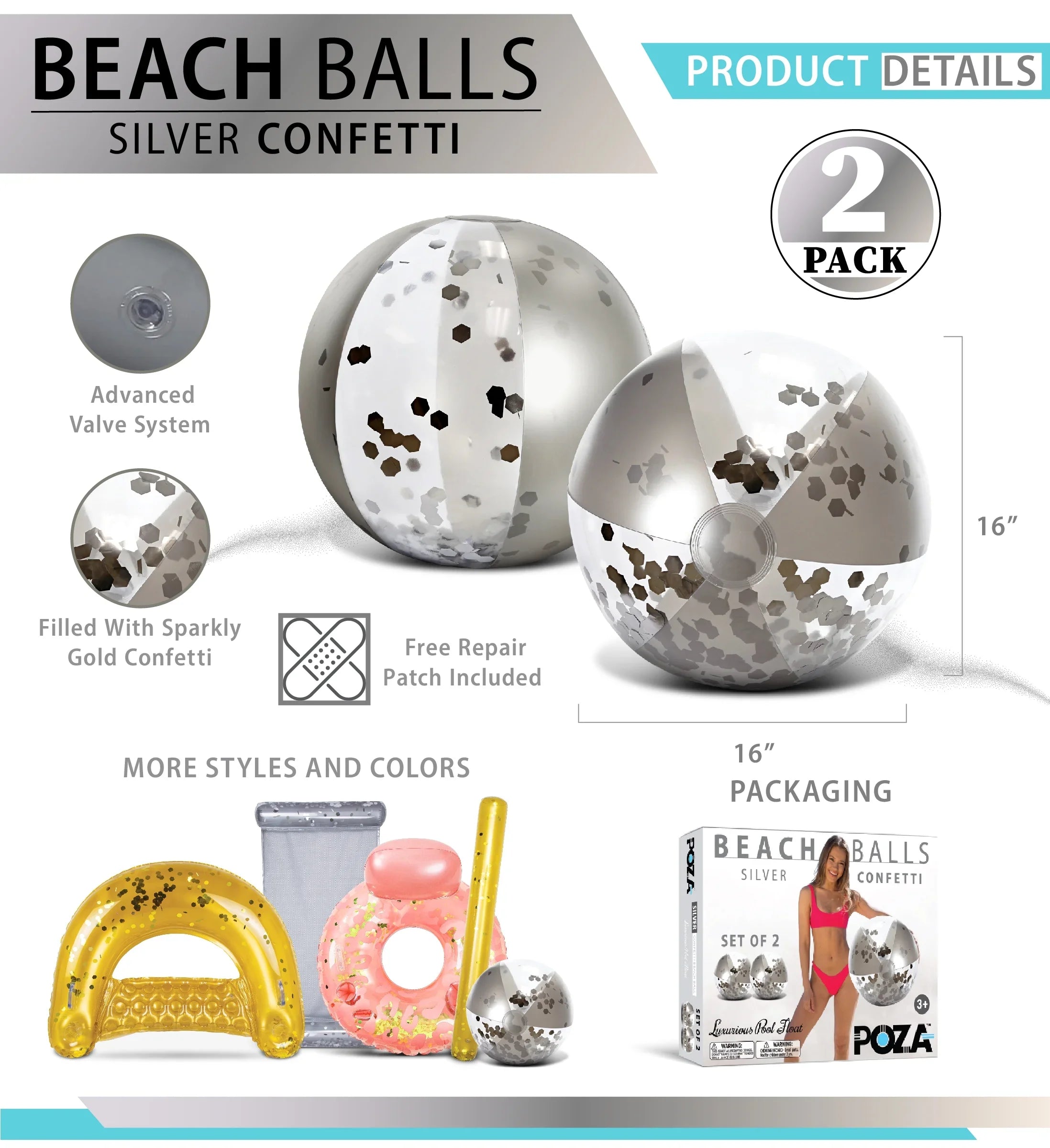 Mozlly Bundle of Silver & Gold Inflatable Beach Balls Set of 4 - Premium Heavy Duty Confetti Pool Balls, Size 16 Inch, Fun Water Pool Float Toys for Beach, Lake, Party, Vacation, Decor - 4 Pack