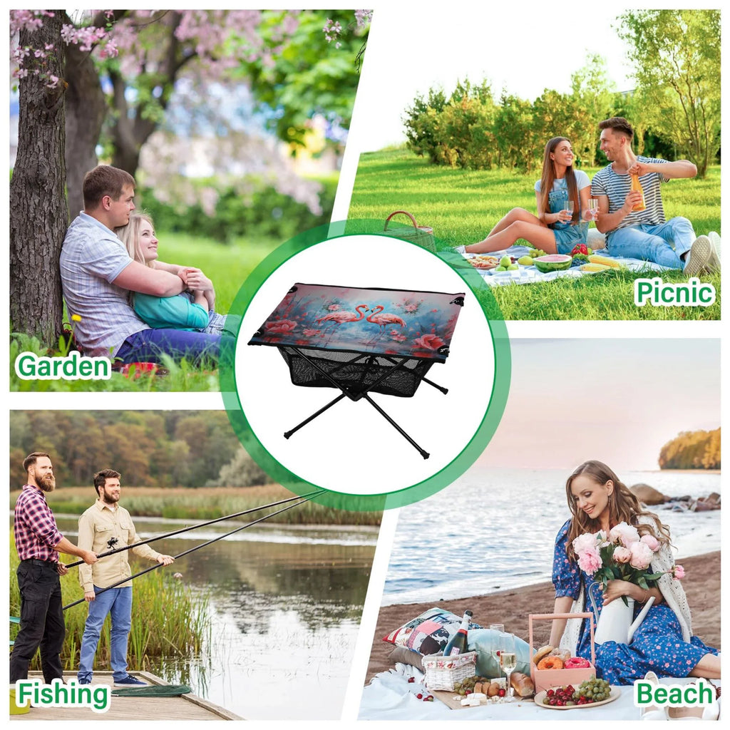 Flamingos and Flowers Camping Foldable Portable Table Beach Table with Storage Bag Compact Picnic Table for Outdoor Hiking Fishing BBQ
