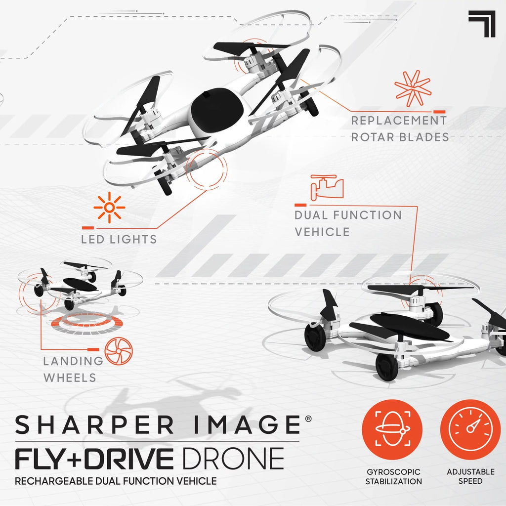 SHARPER IMAGE Rechargeable Dual Function Fly + Drive Drone RC, 250ft Long Range Control and 215ft Max Altitude, 5in