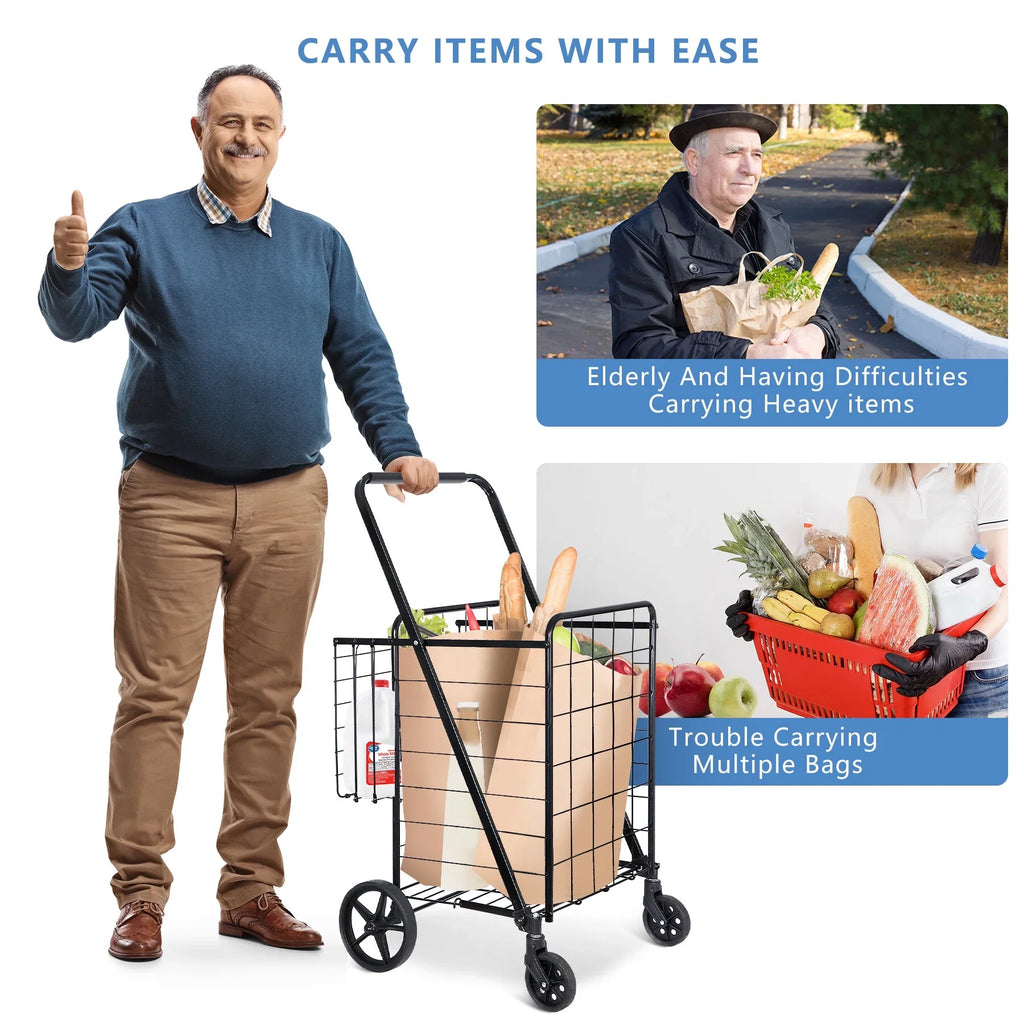 ZENY Folding Utility Shopping Cart with Double Basket and Wheels for Grocery Laundry Book Luggage Travel, Jet