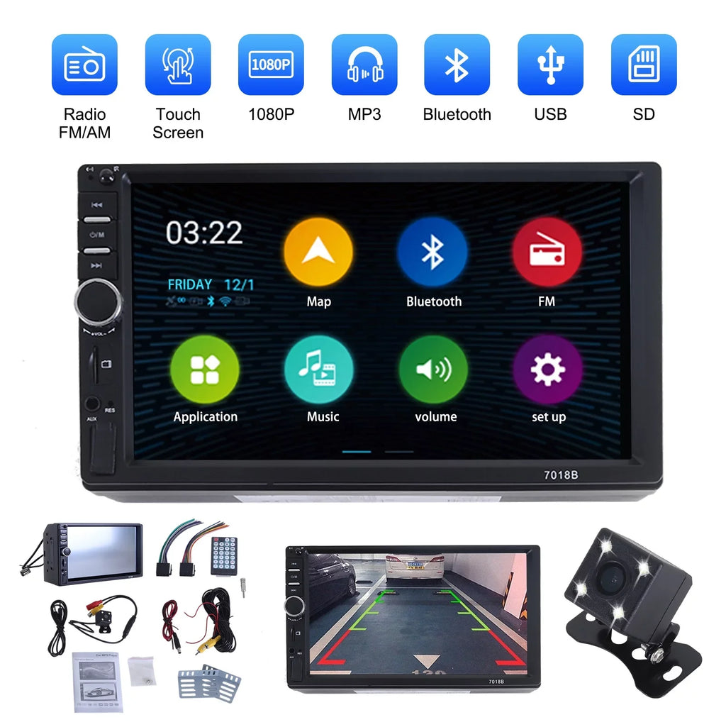 Double Din Car Stereo, 7In HD Bluetooth Car Radio MP5 Player Touch Screen with Backup Camera, Vehicle Audio Receiver with Mirror Link, USB/Car Audio Receiver