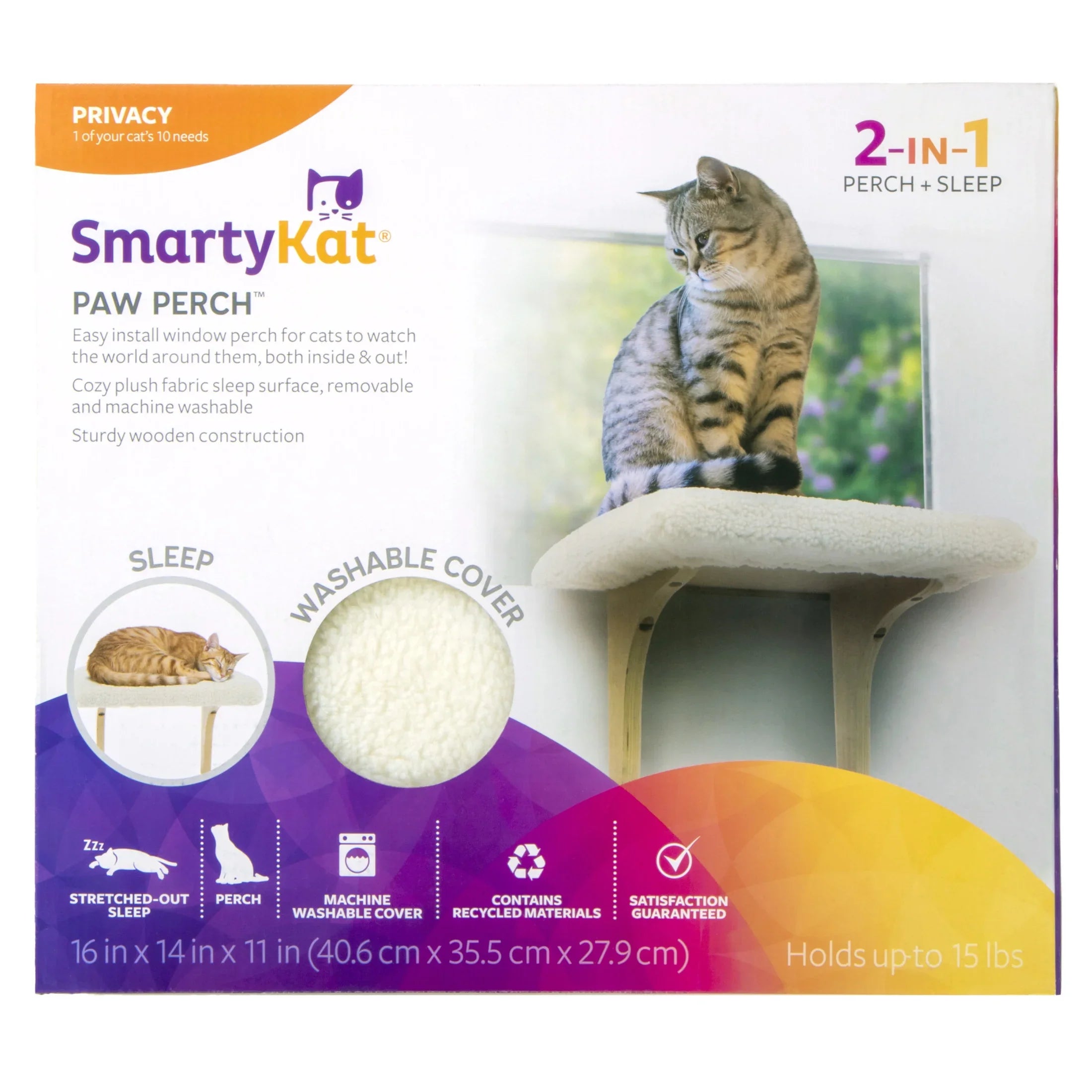 SmartyKat Paw Perch Padded Self-Adhesive Windowsill Mounted Cat Perch & Plush Cover, Cream