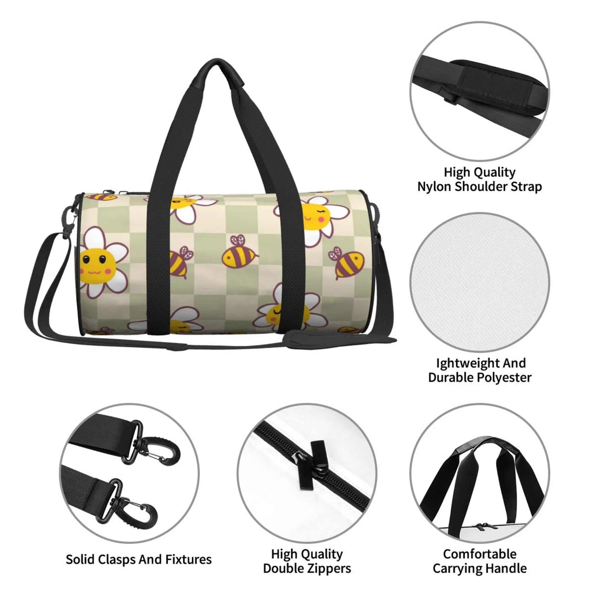 ZICANCN Retro Checkerboard Daisies Bees Travel Duffle Bag, Sports Tote Gym Bag Weekenders Bags for Women Men