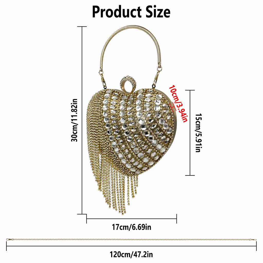 Geiomoo Heart Shape Tassel Evening Clutch Bag, Women Luxury Rhinestones Purse Handbag for Wedding Party