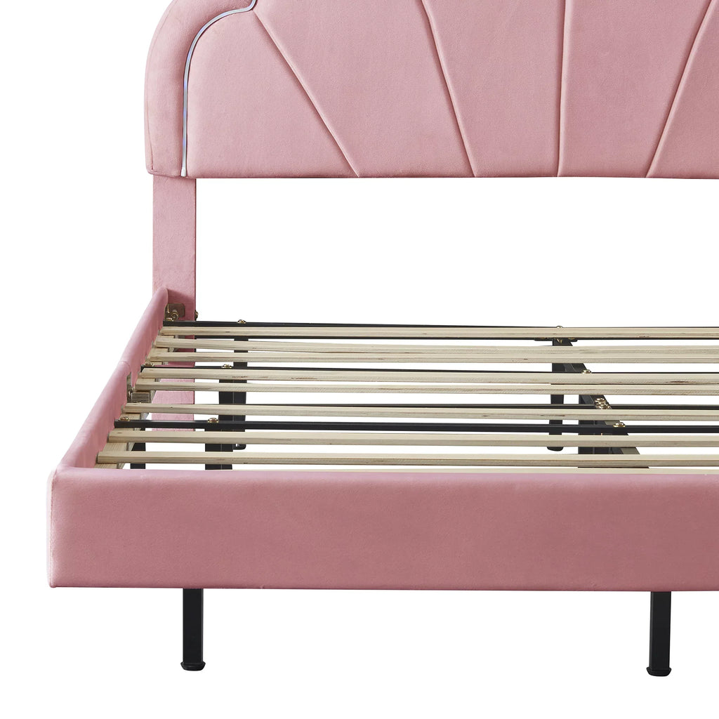 CoSoTower Queen Upholstered Smart LED Bed Frame with Elegant Flowers Headboard,Floating Velvet Platform LED Bed with Wooden Slats Support,Pink