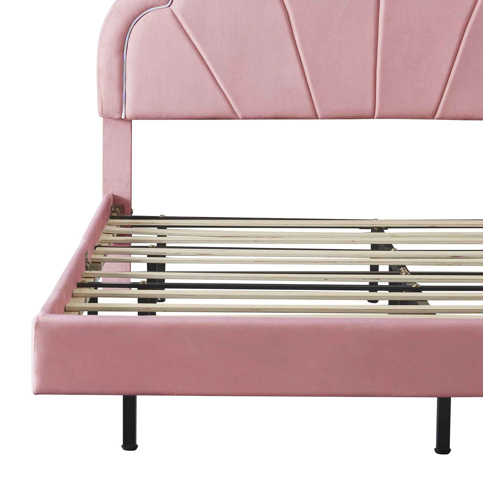 CoSoTower Queen Upholstered Smart LED Bed Frame with Elegant Flowers Headboard,Floating Velvet Platform LED Bed with Wooden Slats Support,Pink