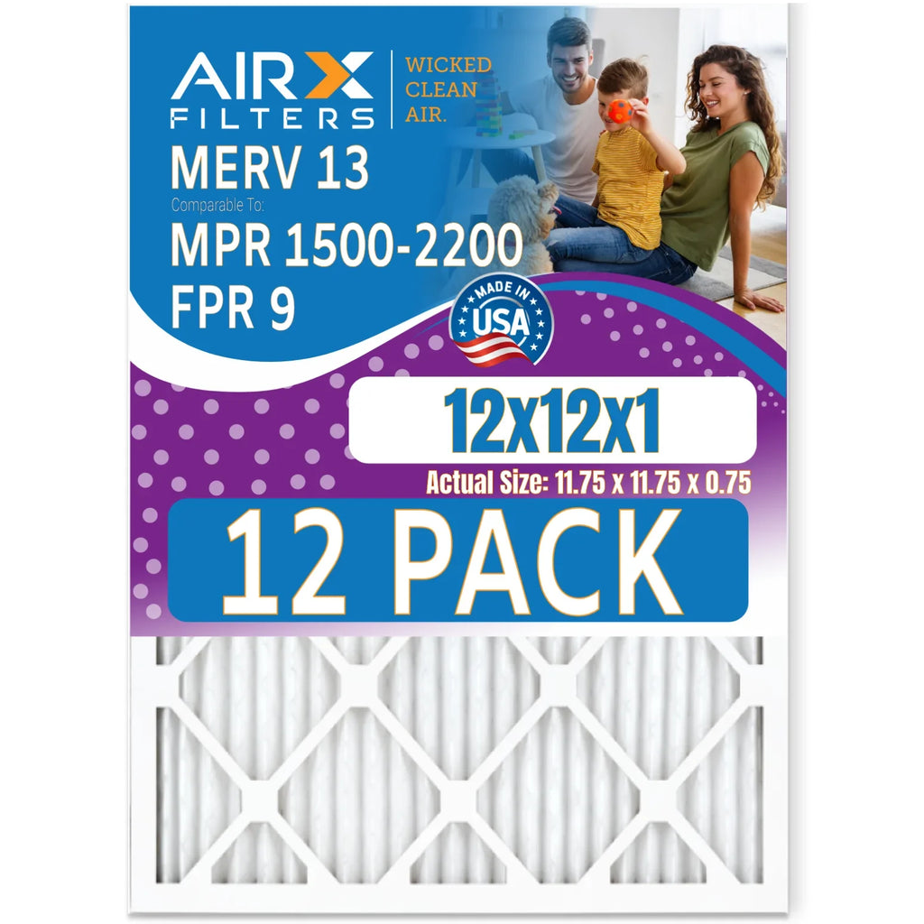 12x12x1 Air Filter MERV 13 Rating, 12 Pack of Furnace Filters Comparable to MPR 1500 - 2200 & FPR 9 - Made in USA by AIRX FILTERS WICKED CLEAN AIR.