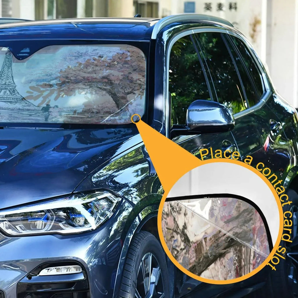 Wellsay Beautiful Paris Eiffel Tower Seine River Cherry Tree Lovers Couple Car Windshield Sun Shade,oldable Visor Protector Keep Cool Sunshade Blocks UV Rays and Accessories to Protect for Cars