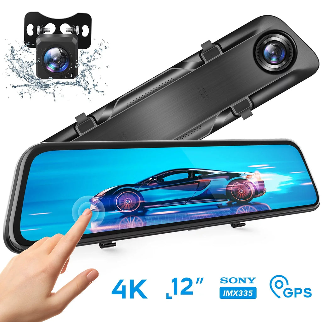 4K 12" Mirror Dash Cam - Vantop H612T Front & Rear View Dual Dash Camera, IPS Touch Screen, Voice Control Cars Mirror Camera w/Night Vision Parking Monitor, Jet