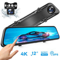4K 12" Mirror Dash Cam - Vantop H612T Front & Rear View Dual Dash Camera, IPS Touch Screen, Voice Control Cars Mirror Camera w/Night Vision Parking Monitor, Jet