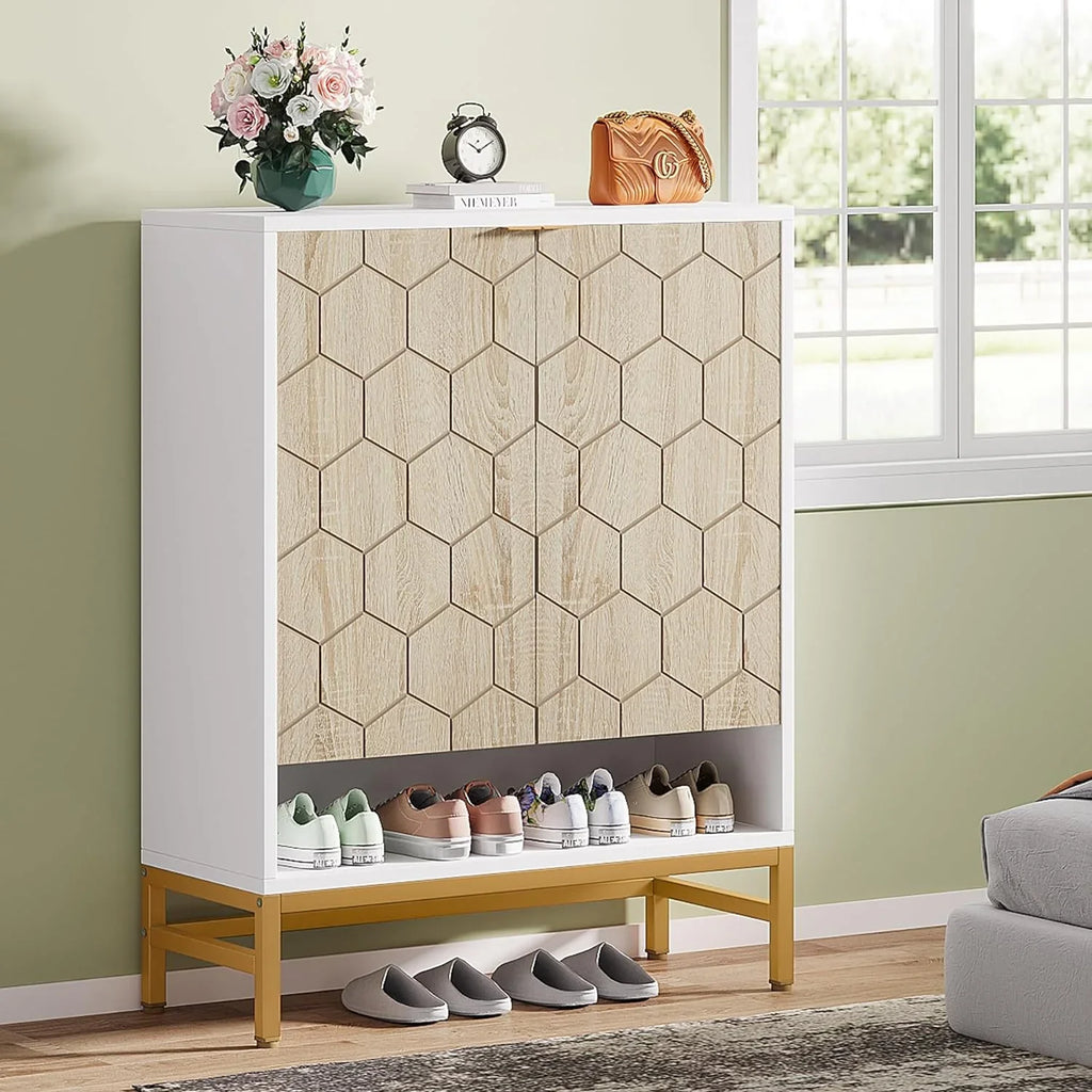 Tribesigns Shoe Cabinet with Doors, Entryway 5 Tier Shoe Storage Cabinet with Adjustable Shelves, Wood Grain & White & Gold