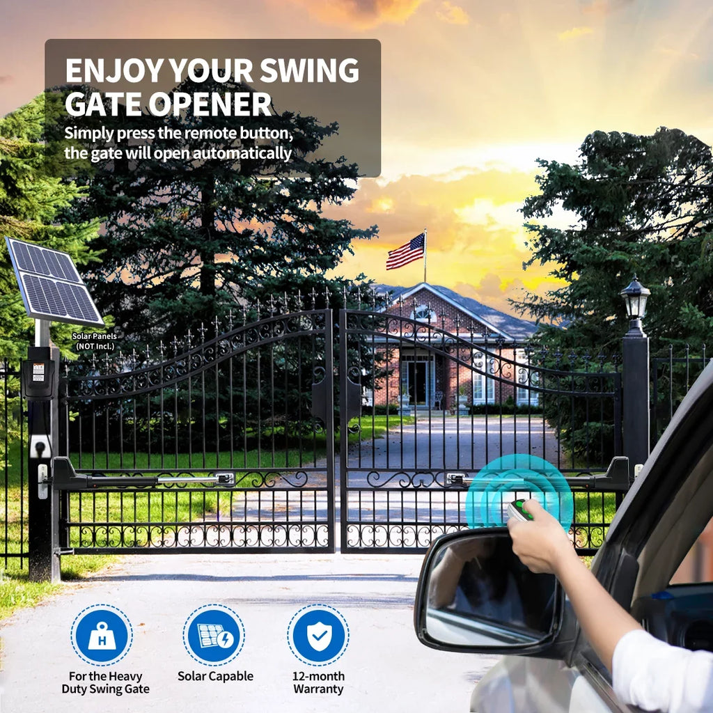 TOPENS AT1202 Dual Swing Gate Opener Heavy Duty Automatic Gate Motor for Double Swing Gates Up to 18ft per Arm, Electric Driveway Gate Operator AC Powered with Remote Control Kit Solar Compatible