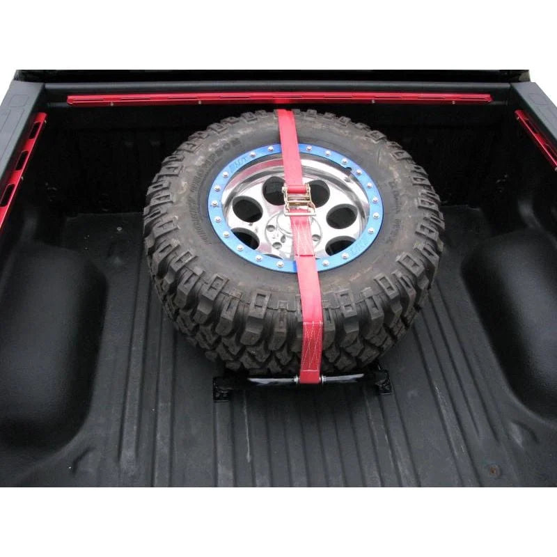 N-Fab by RealTruck Bed Mounted Rapid Strap Tire Carrier With Dark Strap | Gloss Ebony | Bm1Tsbk | Universal Fit