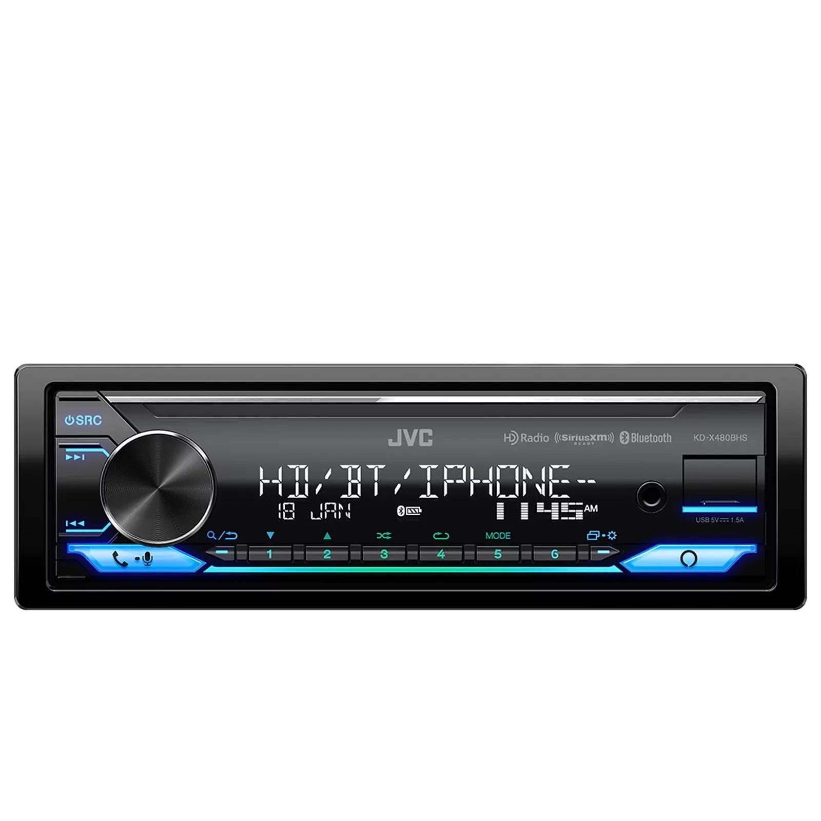 JVC KD-X480BHS Single DIN Bluetooth USB AUX LED AM/FM Radio Stereo SiriusXM Ready Amazon Alexa LED Car Audio Receiver, 2x Enrock 6.5" Speakers with Adapters, FLHX FLHTC Install Harley Dash Kit