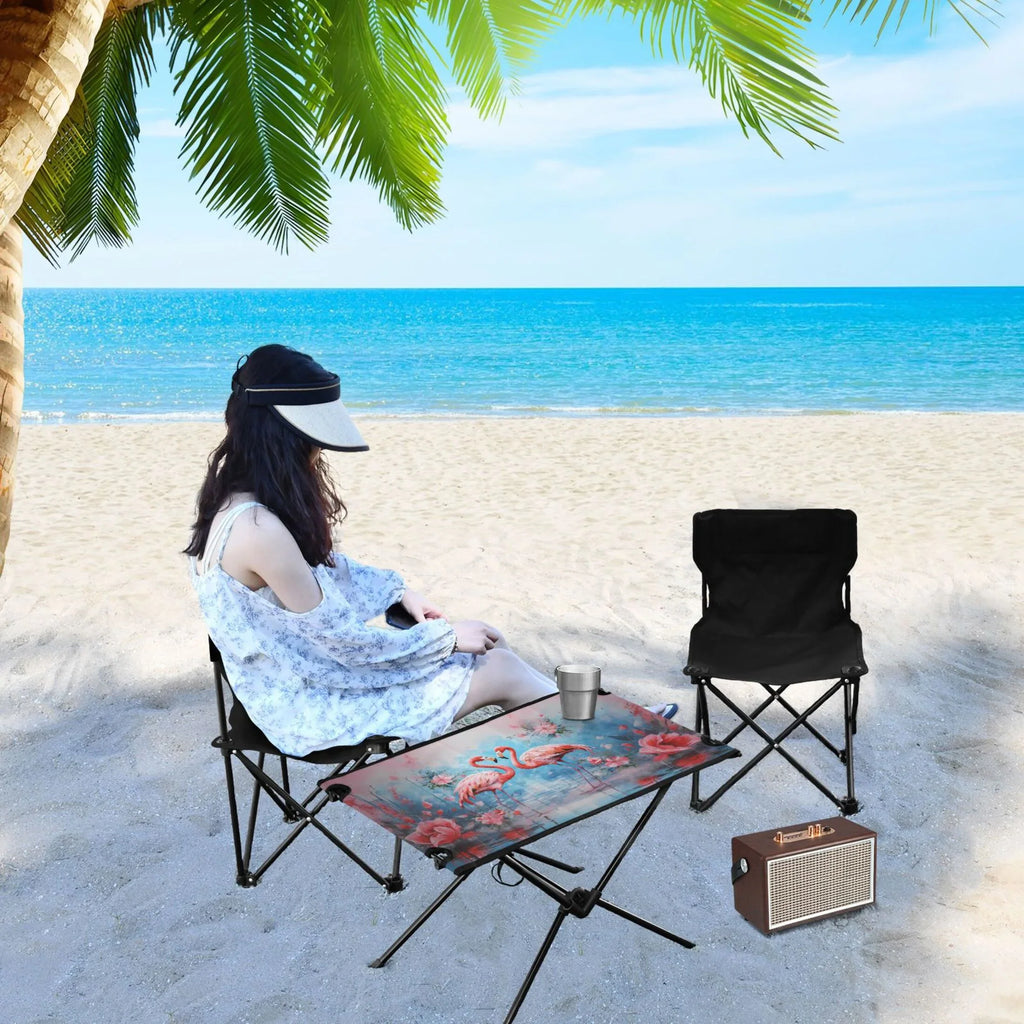 Flamingos and Flowers Camping Foldable Portable Table Beach Table with Storage Bag Compact Picnic Table for Outdoor Hiking Fishing BBQ