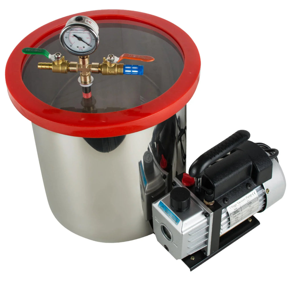 Efficiently Eliminate Air Bubbles with Our Stainless Steel Silicone Machine and Powerful 3CFM Vacuum Pump - The Ultimate Vacuum Degassing Chamber Kit [5 Gallon]