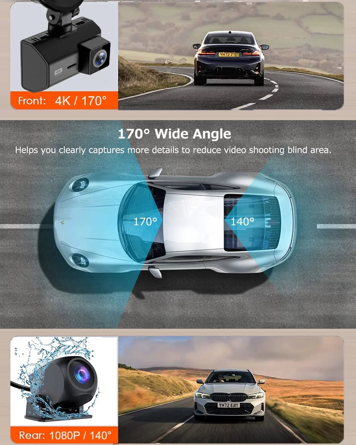 4K Front and Rear Dash Cam for Cars, Dual Dash Cam with SD Card, 2 Inch Dash Camera with GPS WIFI, Night Vision, Loop Recording, Parking Mode, Wide Angle, 64GB SD Card Included
