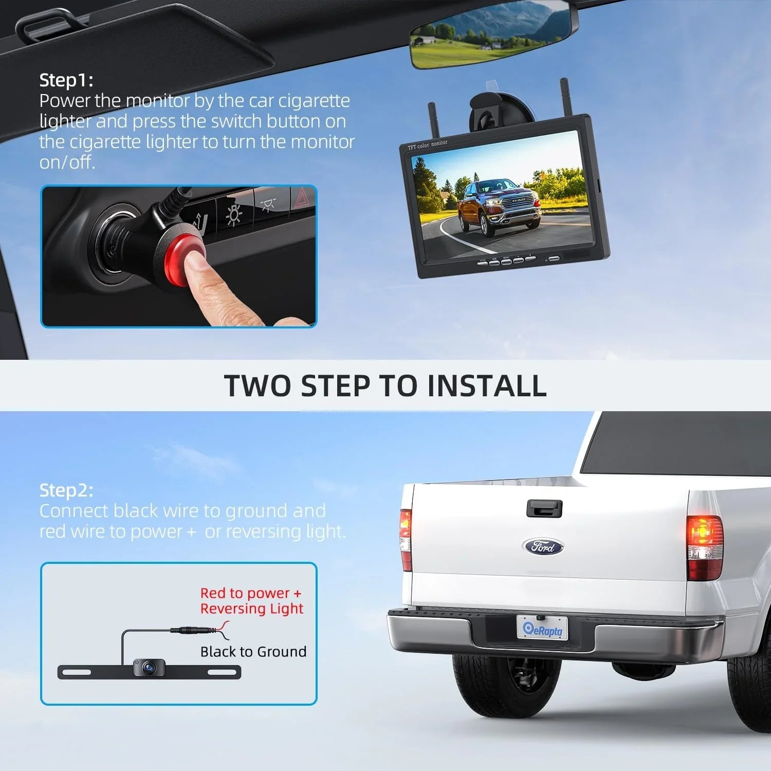 eRapta Wireless Backup Camera 1080P HD 7 Inch Monitor IP69 Waterproof IR Night Vision for RV/Trailer/Truck/Van AWT7