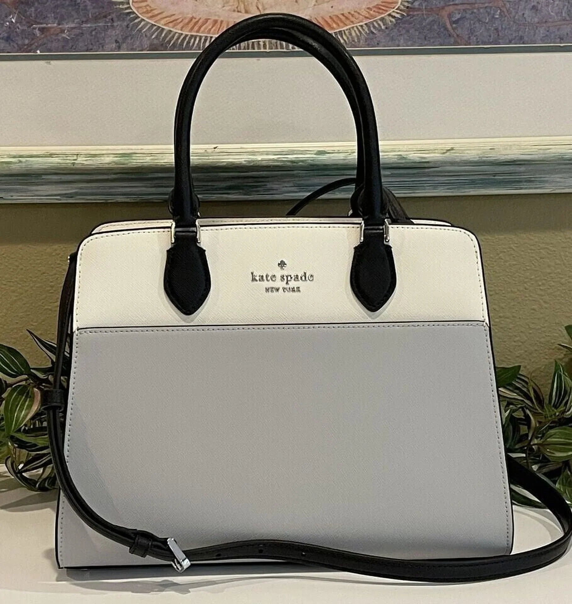 Kate Spade Madison Medium Platinum Grey Colorblock Leather Satchel Bag Purse KC621