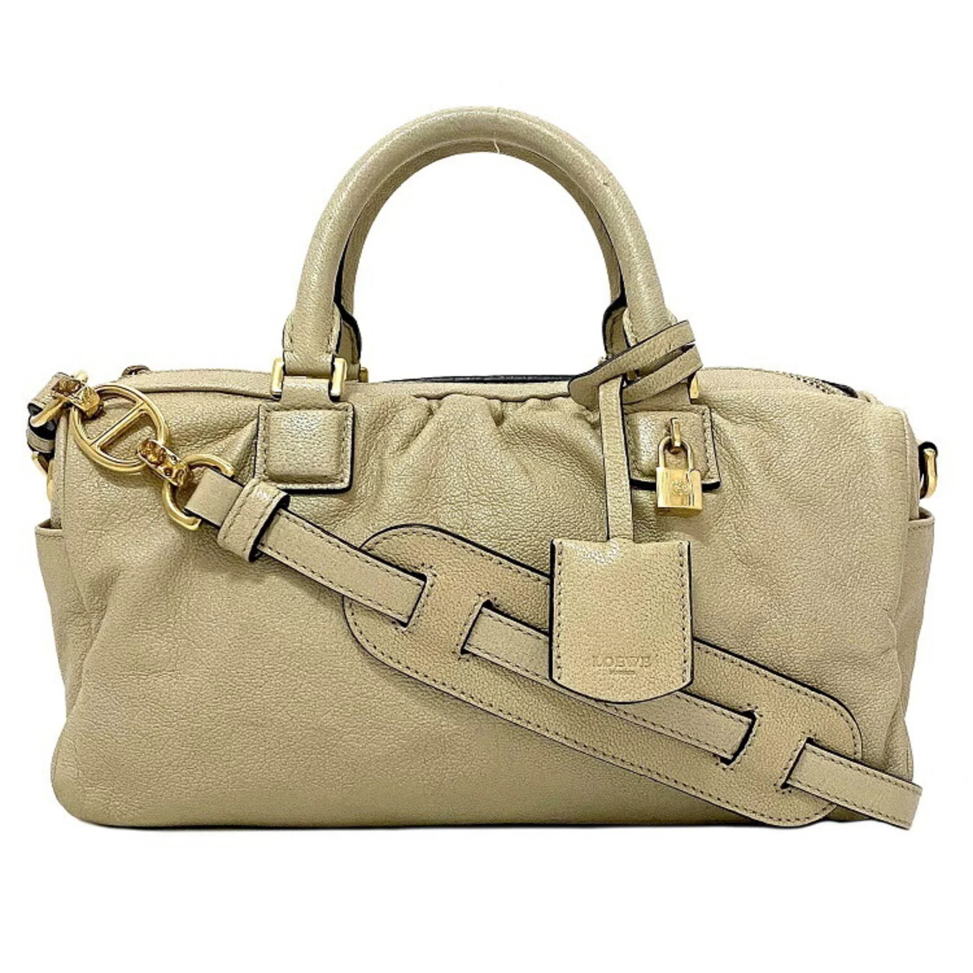 Pre-Owned Loewe 2way Gold Lame Anagram Leather LOEWE Boston Handbag Champagne Women's (Good)