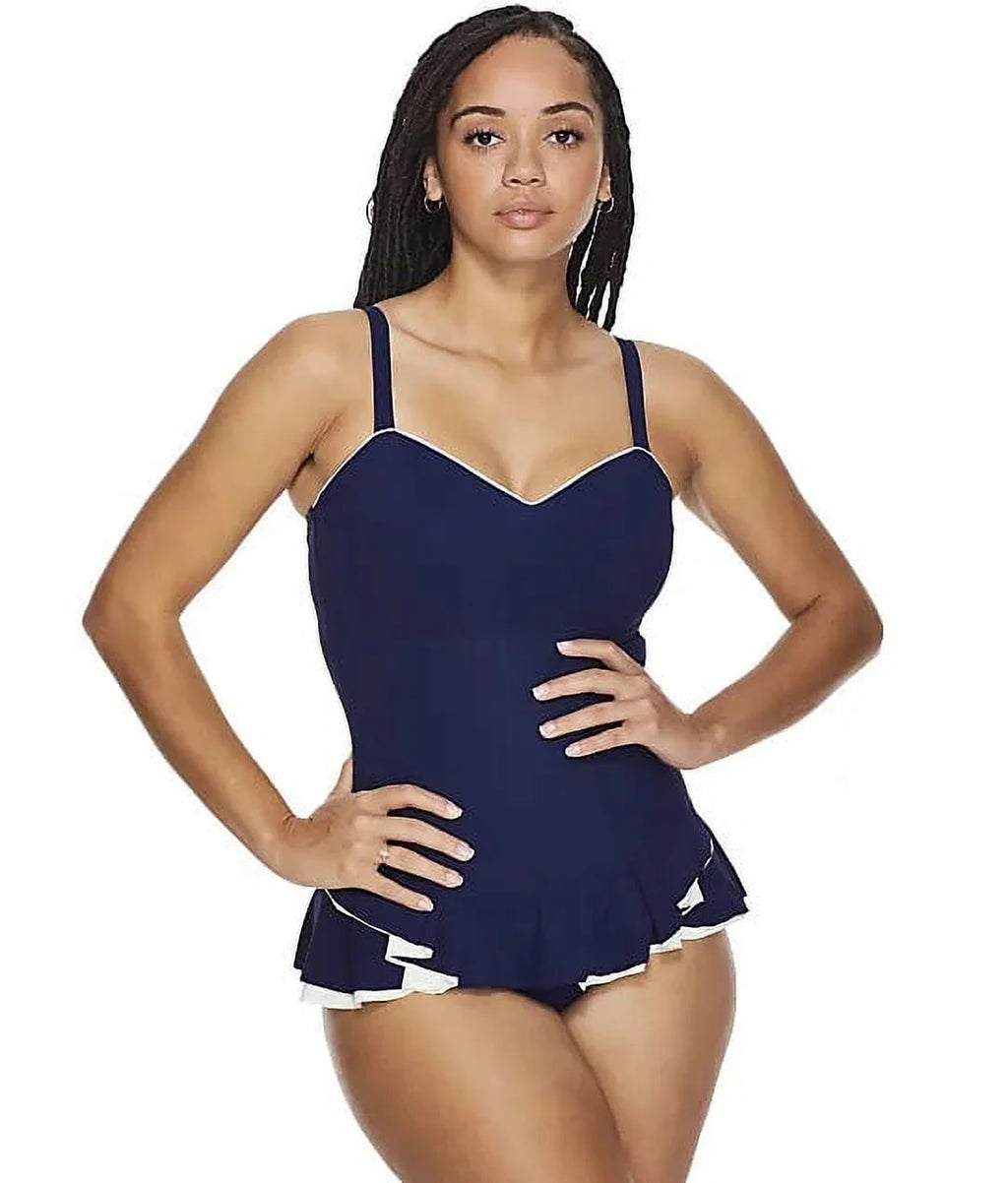 Profile by Gottex NAVY/OFF WHITE Belle Curve Underwire Swimdress, US 12D, UK 14D