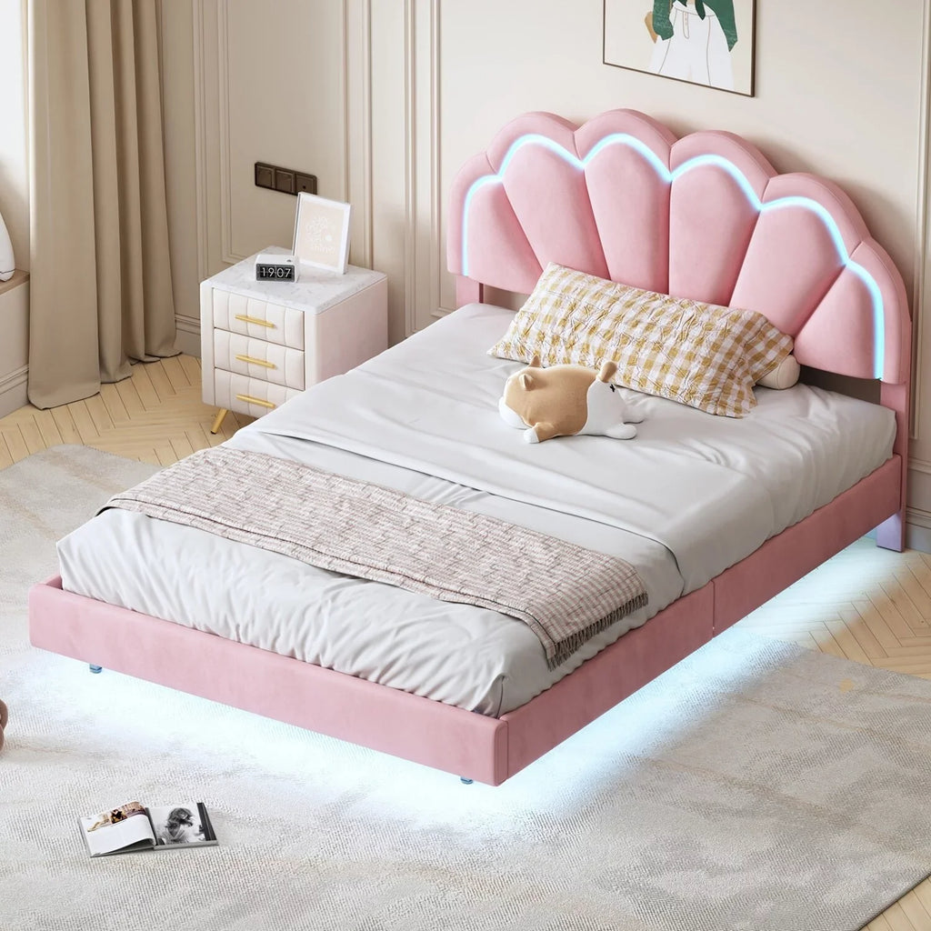 Full Size Smart LED Platform Bed with Wooden Slats Support Beige
