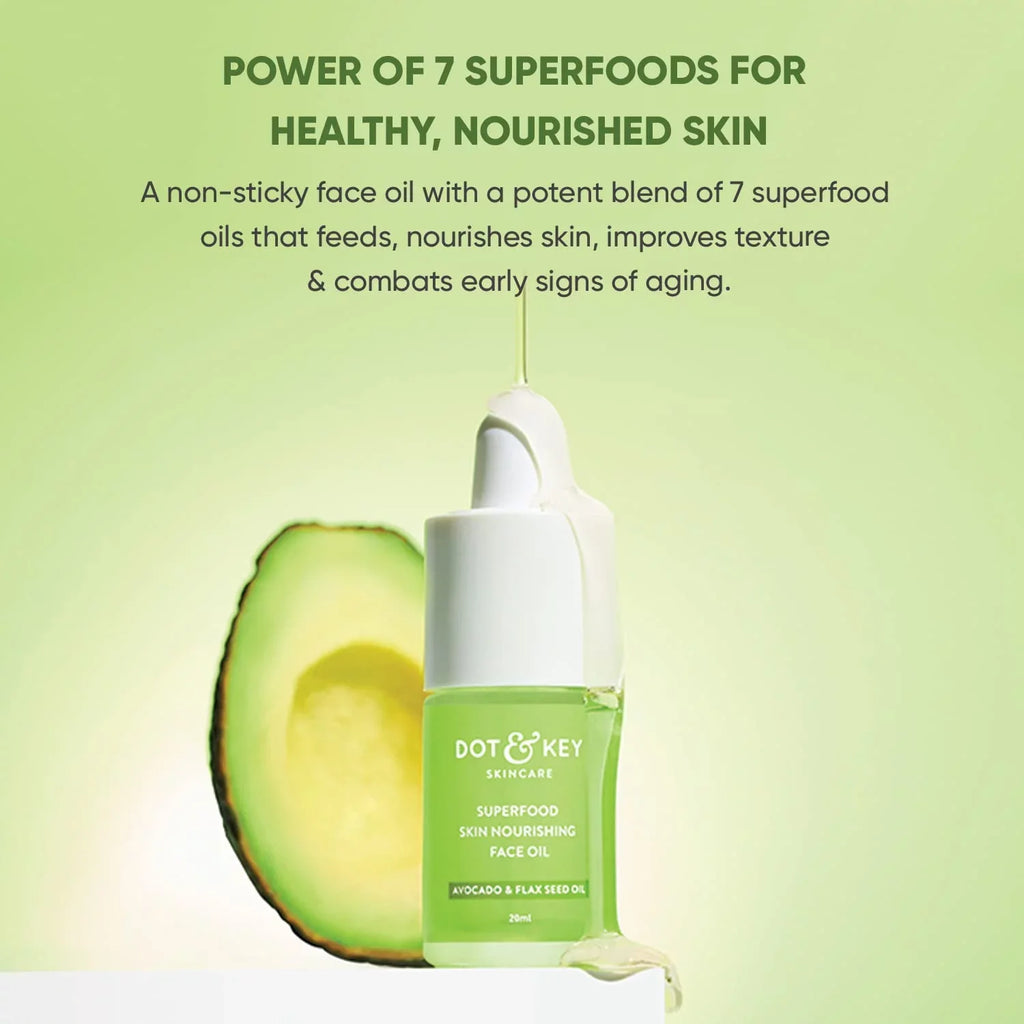 Dot & Key Superfood Skin Nourishing Face Oil | Avocado Oil, Jojoba Oil, Flaxseed Oil, Sunflower Oil, Moringa Seed Oil, Macadamia Seed Oil, Apricot Oil | Vegan Face Oil For Very Dry