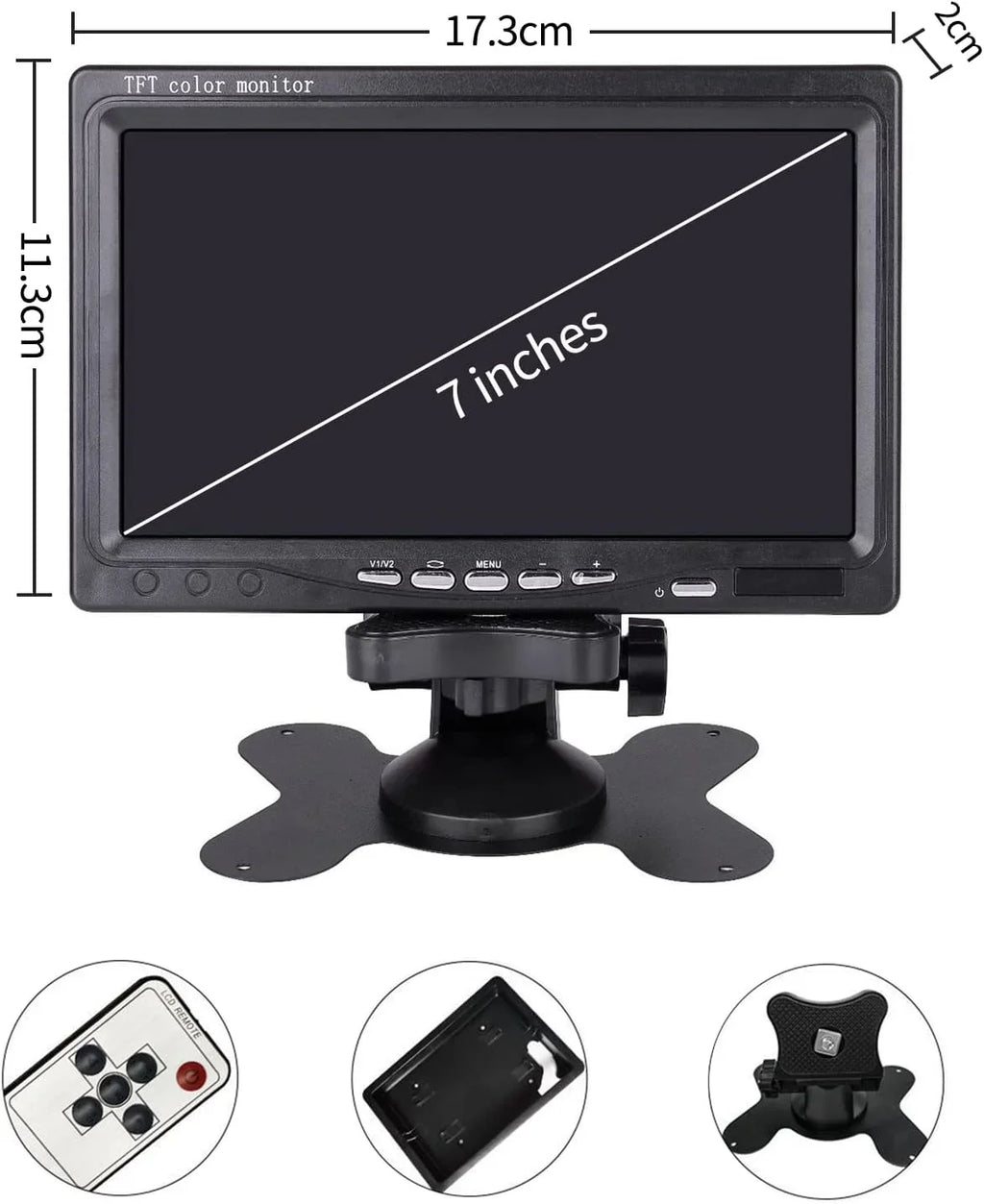 B-Qtech 7 Inch Rear View Camera Screens, Full Colour LCD Display, 800 * 480 RP, DC12V-24v, AV1/AV2 Video Switching, LCD Car Monitor for Car Trucks Buses Motorbikes