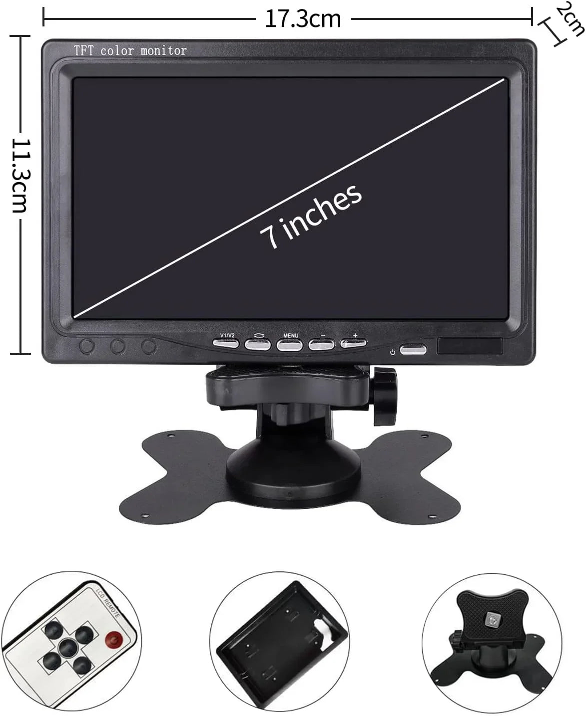 B-Qtech 7 Inch Rear View Camera Screens, Full Colour LCD Display, 800 * 480 RP, DC12V-24v, AV1/AV2 Video Switching, LCD Car Monitor for Car Trucks Buses Motorbikes
