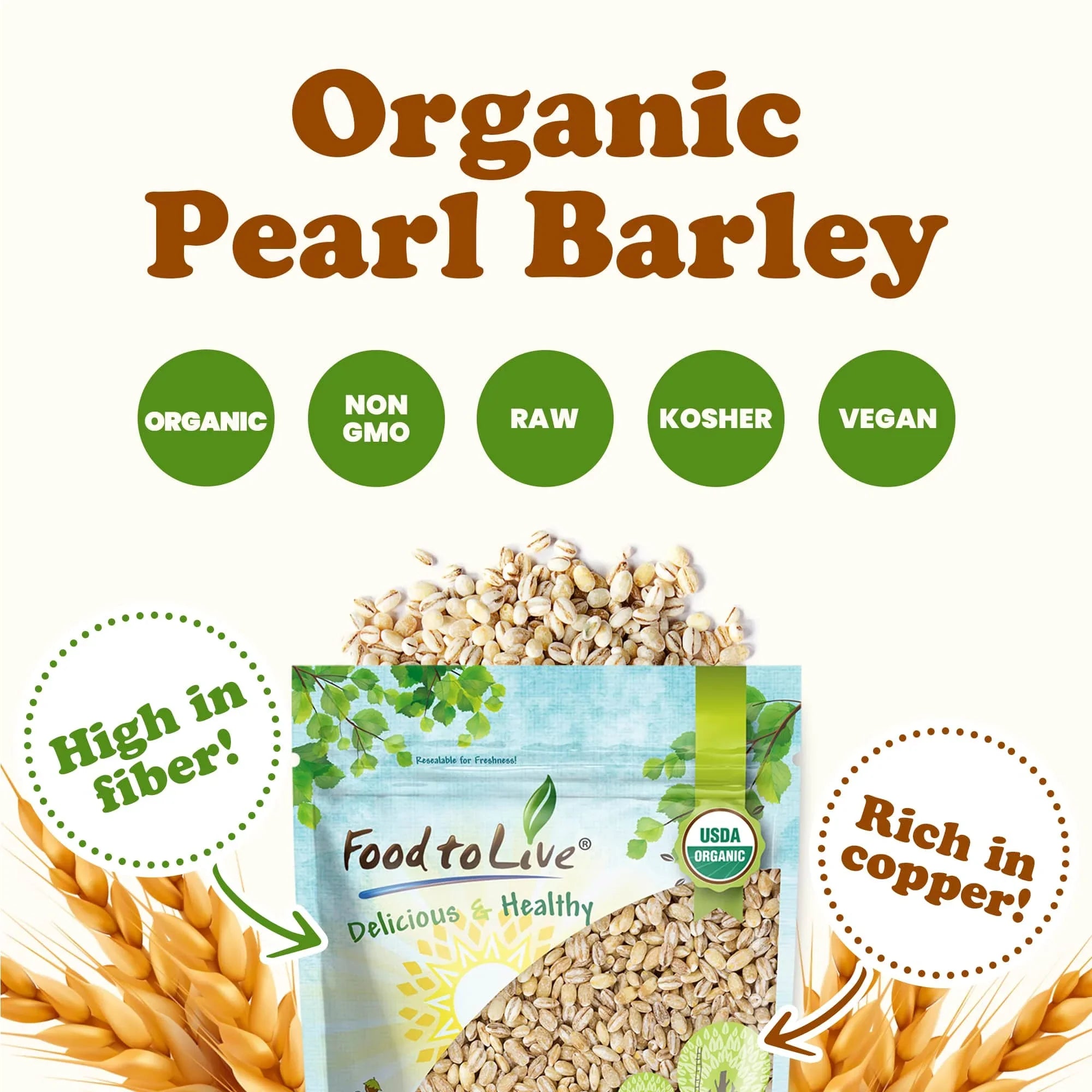 Organic Pearl Barley, 15 Pounds — Non-GMO, Kosher, Raw, Vegan — by Food to Live