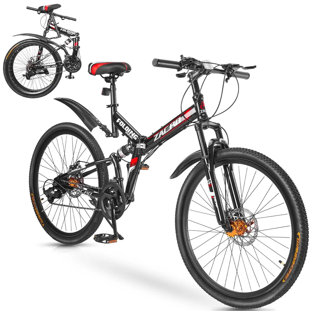 Zacro 26 Inch Folding Mountain Bike, Upgraded 24 Speed/Carbon Fiber Wheels MTB Bicycle, Shock Absorbers High-Carbon Steel & Dual Disc Brake City Road Bikes, Red