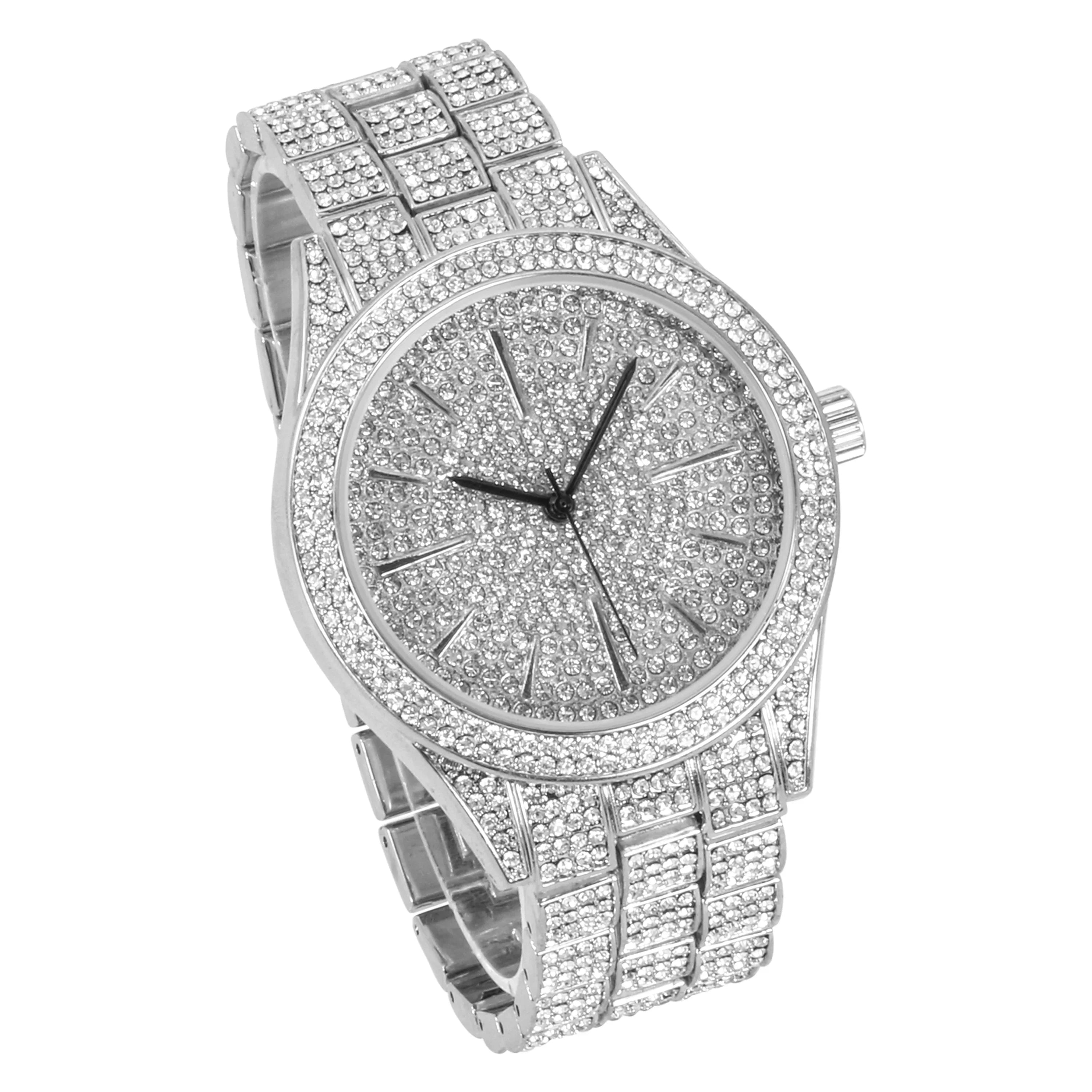 Mens Iced Out 42mm Diamond Watch with Simulated Diamonds and Bling Dial - Bling-ed Out Fully Adjustable Metal Band - Quartz Movement - Silver Tone Finish