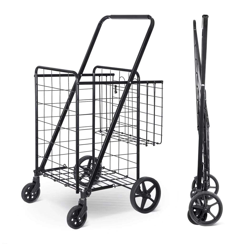ZENY Folding Utility Shopping Cart with Double Basket and Wheels for Grocery Laundry Book Luggage Travel, Jet