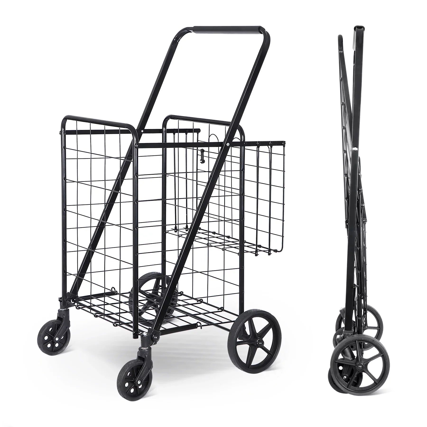 ZENY Folding Utility Shopping Cart with Double Basket and Wheels for Grocery Laundry Book Luggage Travel, Jet