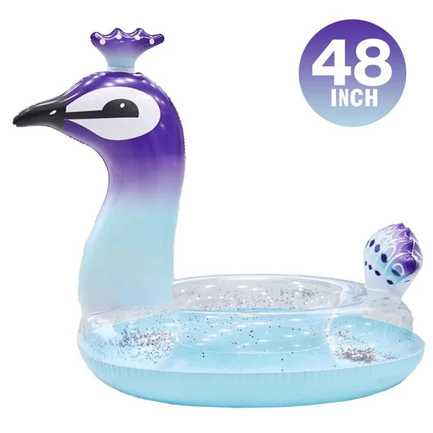 Melia Swim Party Toys Inflatable Glitter Pool Float Peacock Designed with Fast Valves Lounge Raft Decorative Water Game Summer Beach Party for Kids | 48 Inch