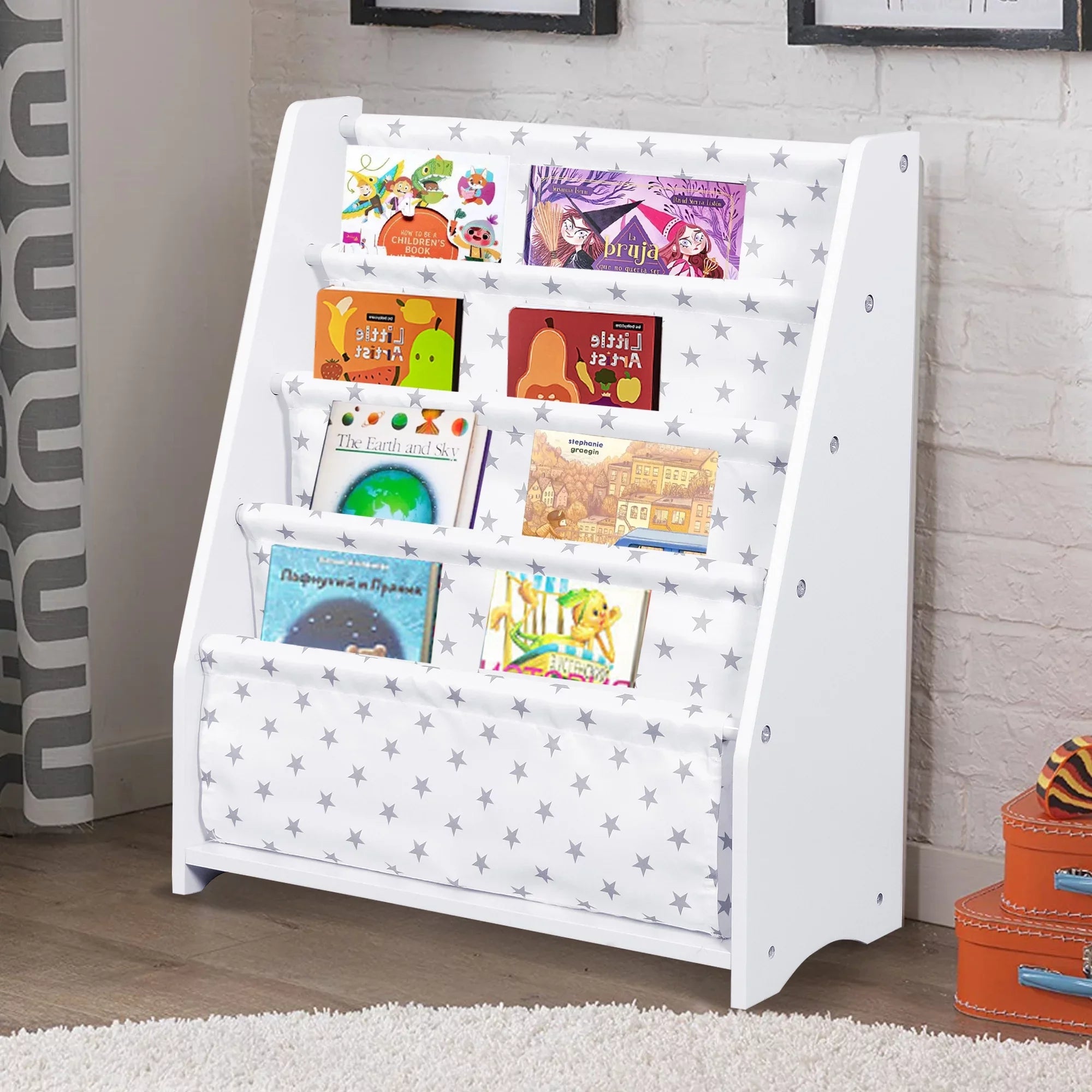 iRerts Kids Bookcase Wood Bookshelf and Storage for Toddler 4 Tier Book Organizer Classroom Bookshelf, White