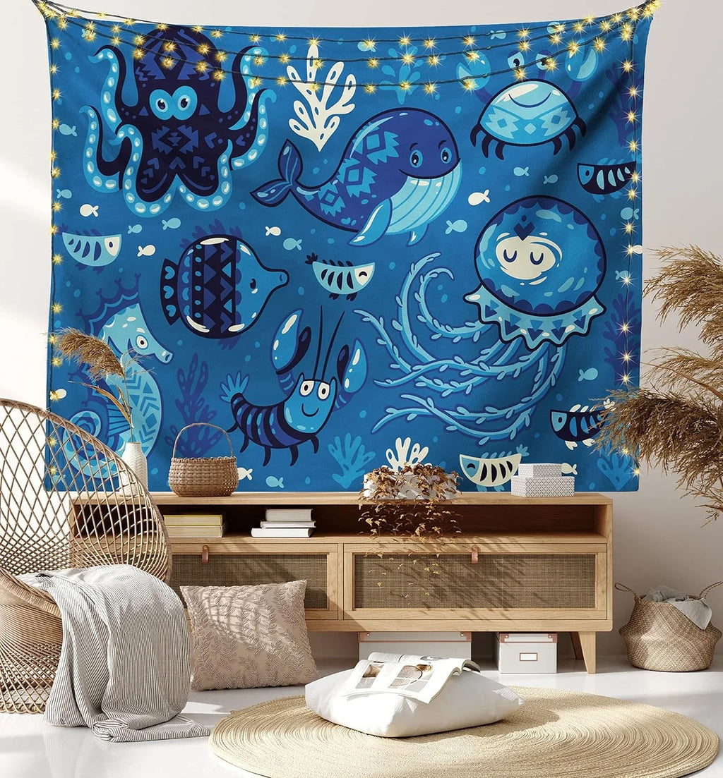 Ocean Tapestry, Deep Sealife With Cartoon Animals Little Whale Fish Octopus And Moss Print, Fabric Wall Hanging Decor For Bedroom Living Room Dorm, 45" X 30", Blue