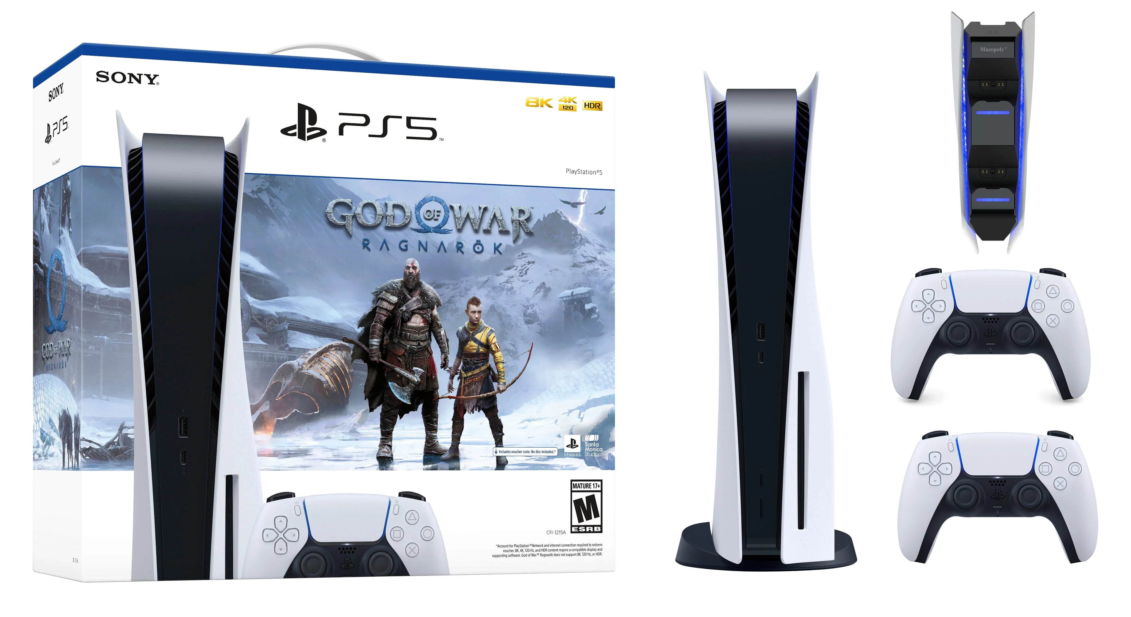 Play-Station-5 Disc Edition God of War Ragnarok Bundle with Extra White Wireless Controller + Mazepoly Accessories