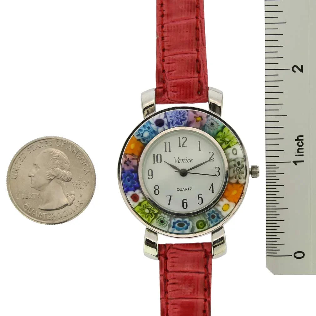 GlassOfVenice Serena Murano Millefiori Watch With Leather Band - Red