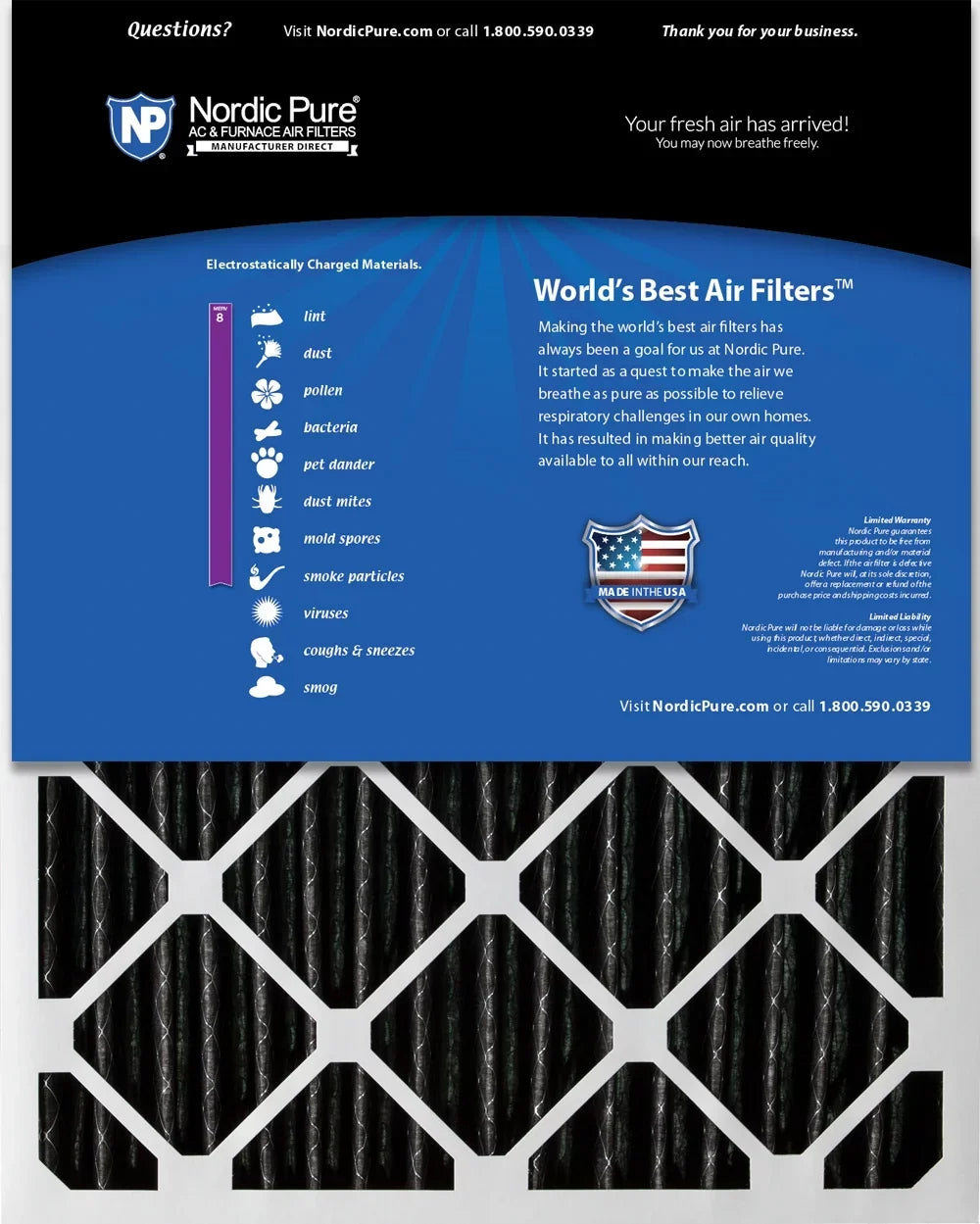 Nordic Pure 16x25x2 Furnace Air Filters MERV 8 Pleated Plus Carbon 3 Pack