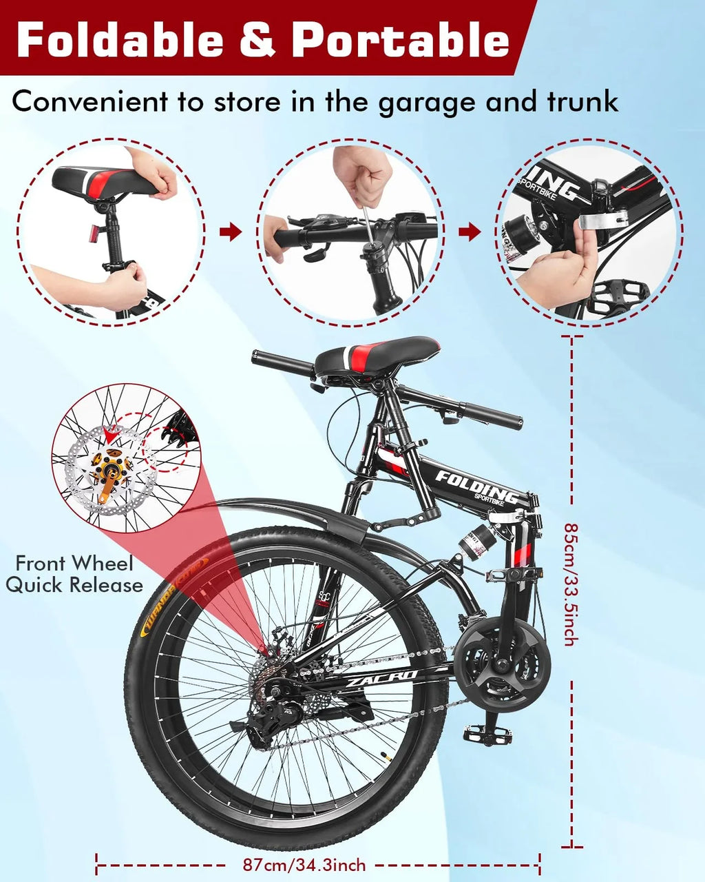 Zacro 26 Inch Folding Mountain Bike, Upgraded 24 Speed/Carbon Fiber Wheels MTB Bicycle, Shock Absorbers High-Carbon Steel & Dual Disc Brake City Road Bikes, Red